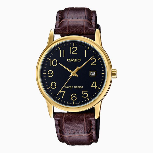 Casio #MTP-V002GL-1B Men's Standard Analog Gold Tone Leather Band Day Date Watch