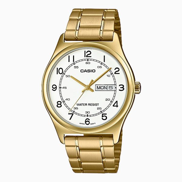 Casio MTP-V006G-7B Men's Gold Tone Stainless Steel Easy Reader White Dial Day Date Analog Dress Watch
