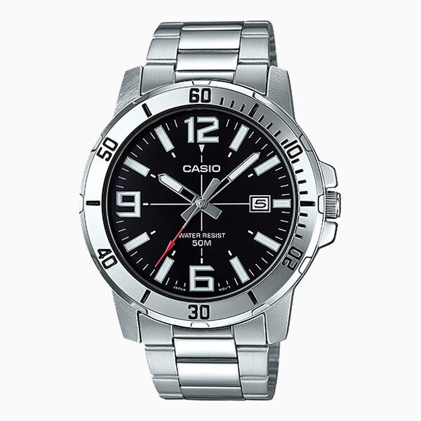 Casio MTP-VD01D-1BV Men's Enticer Stainless Steel Black Dial Casual Analog Sporty Watch, Silver, 48×42×10.7mm, Quartz Movement